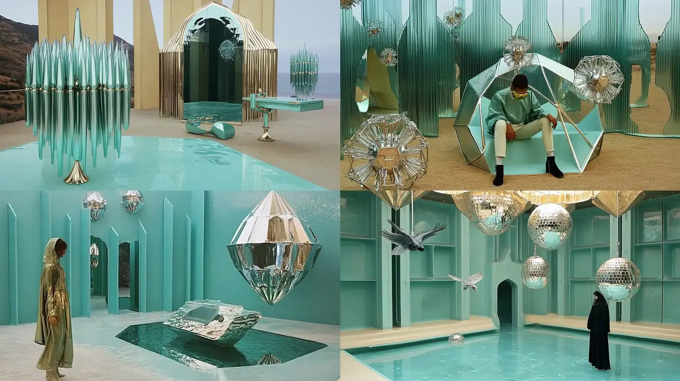 Aqua Serenity with Crystal Accents: A Fusion of Reflective Elegance and Modern Opulence - Midjourney sref style