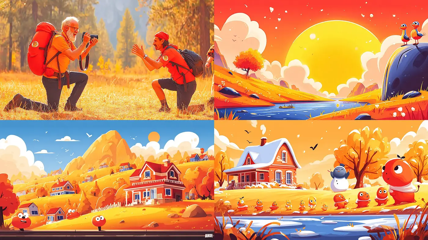 Vibrant, whimsical landscapes with playful characters and nostalgic warmth - Midjourney sref style