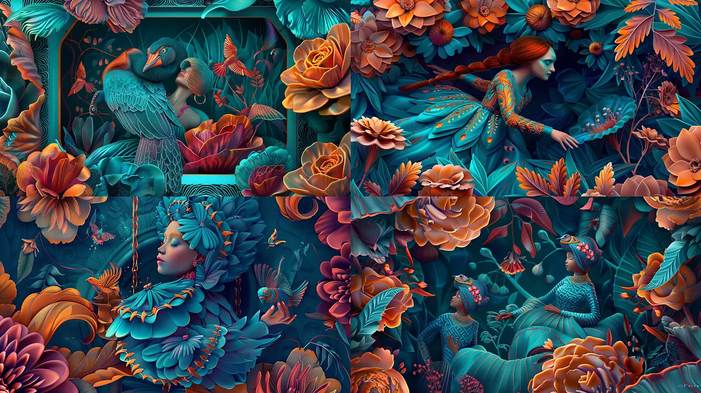 Harmonious Dreamscape: A Fusion of Detailed Botanicals and Surreal Imagery in Teal and Orange Hues - Midjourney sref style