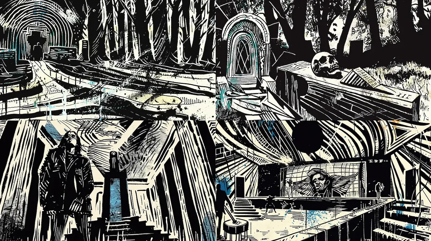 Dark and Atmospheric Textured Illustrations with Eerie Elements - Midjourney sref style