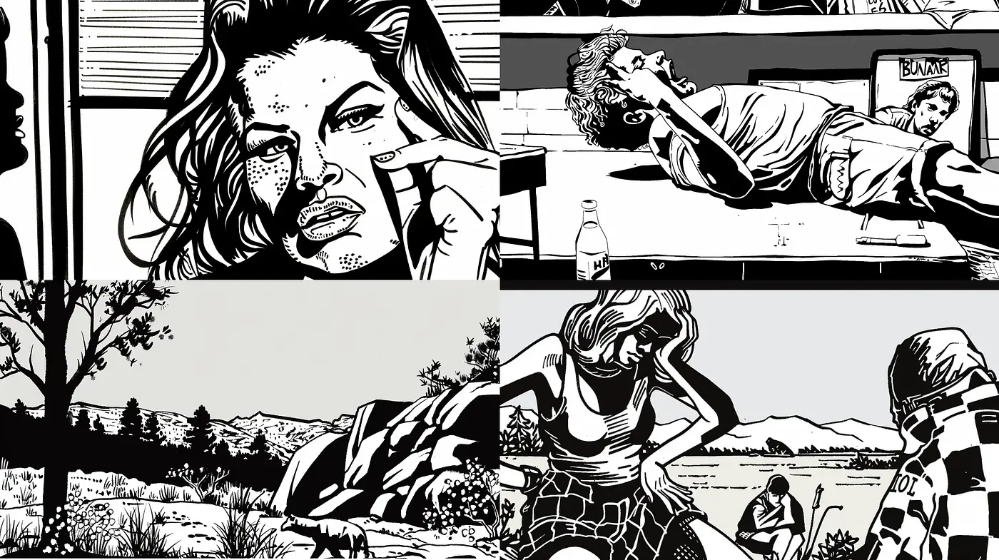 Monochromatic Narratives Cloth in Bold Contrast and Graphic Novels Aesthetics - Midjourney sref style