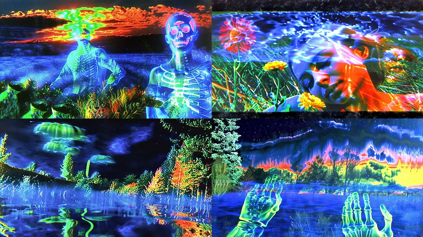 Luminous Dreamscape Fusion: A Vivid Melding of Surreal Imagery and Psychedelic Colors - Midjourney sref style