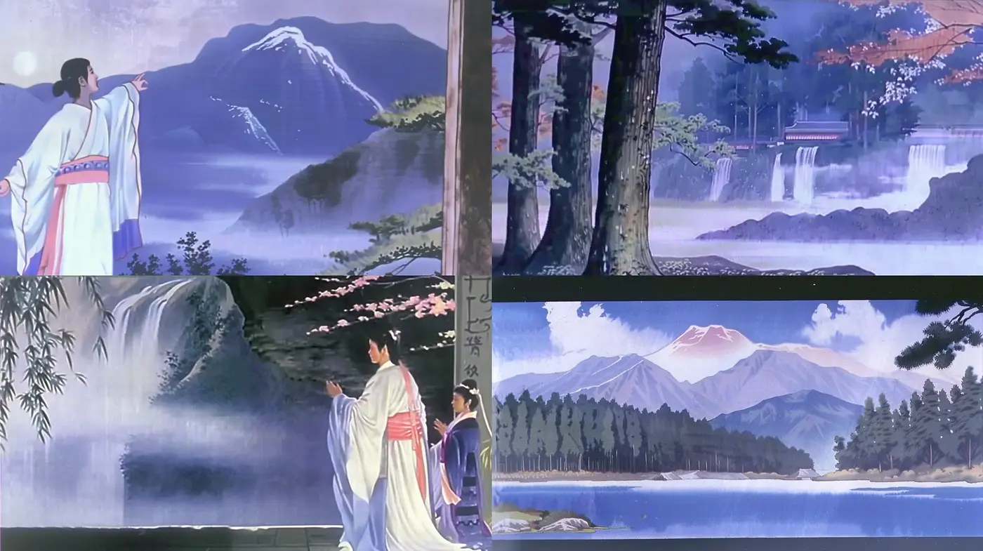 Serene and Traditional East Asian Landscapes with Nature and Figures - Midjourney sref style