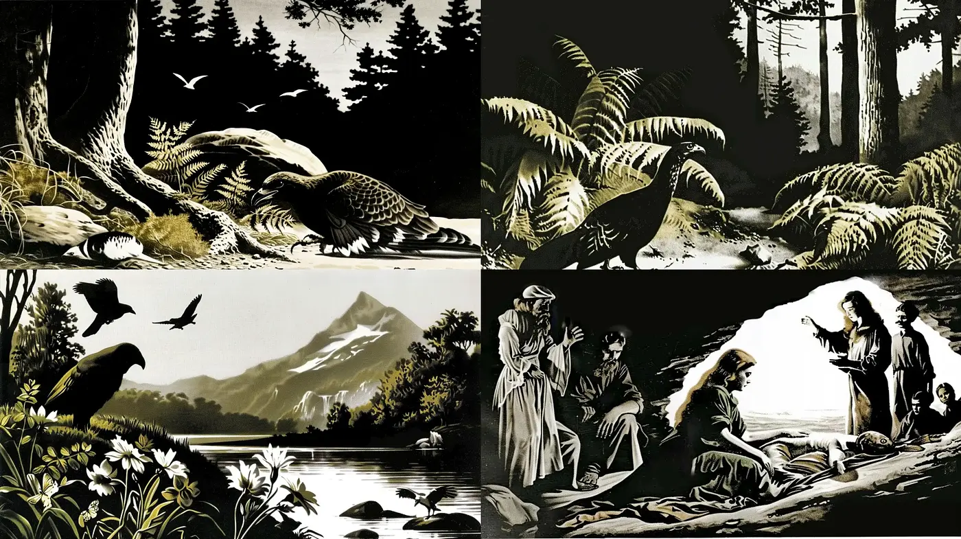 Monochromatic Nature and Human Tableau Illustrations - Midjourney sref style