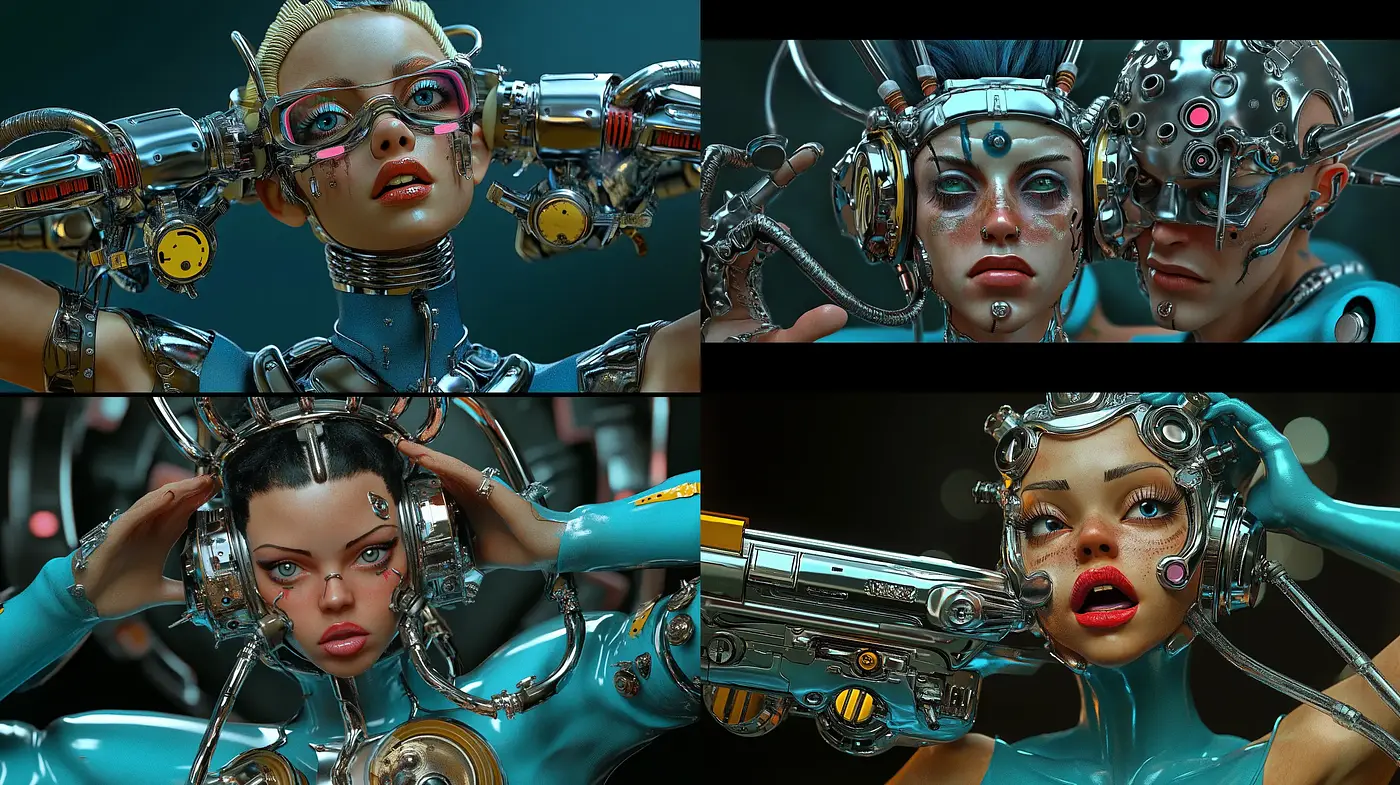 Cybernetic Elegance: Shimmering Aquatic Tones Meet High-Tech Detail - Midjourney sref style