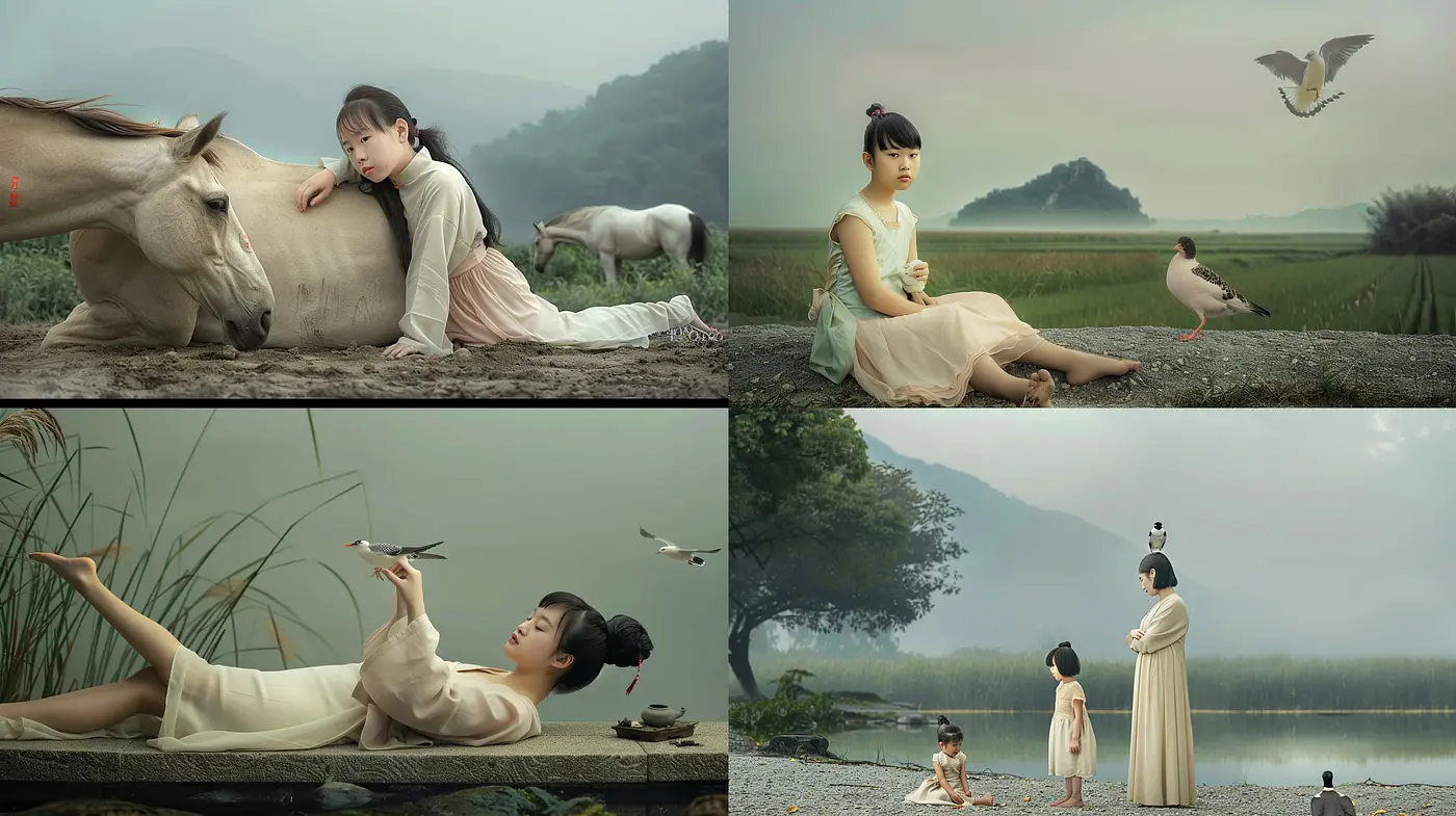 Tranquil Pastoral Overture in Muted Tones: A Consistent Homage to Serene Eastern Landscapes - Midjourney sref style