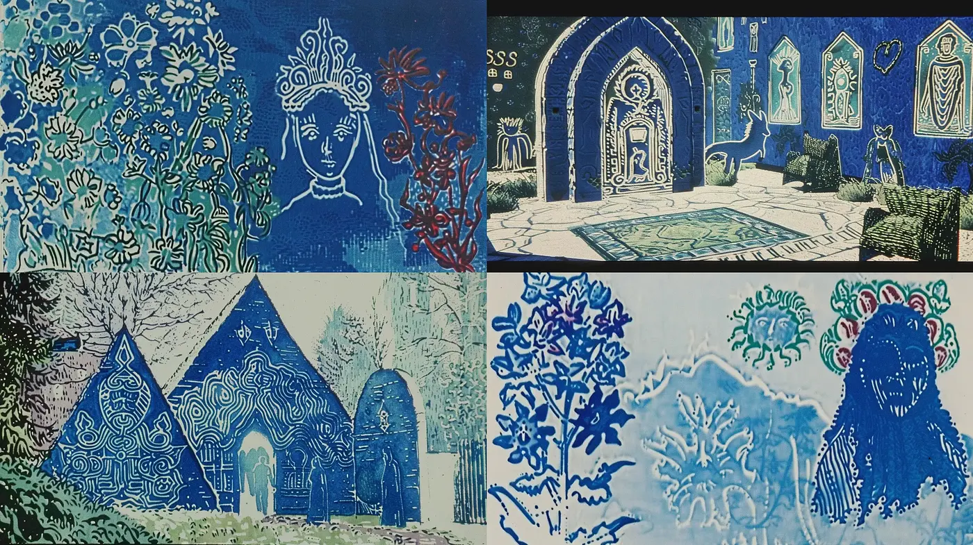 Consistent Motifs in Ethereal Blue: A Study of Stylized Illustration Across Four Scenes - Midjourney sref style