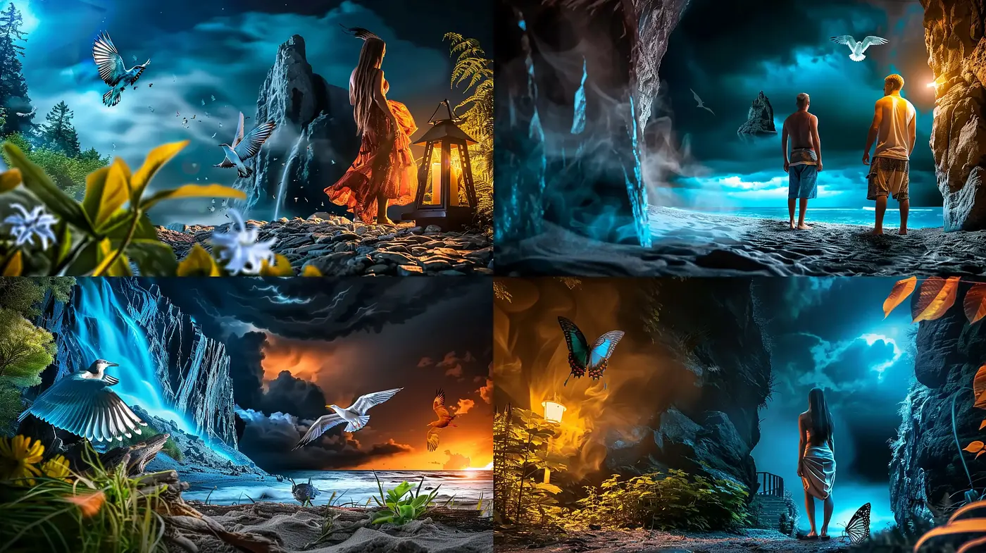 Ethereal Nightscapes with Luminous Tones and Surreal Elements - Midjourney sref style