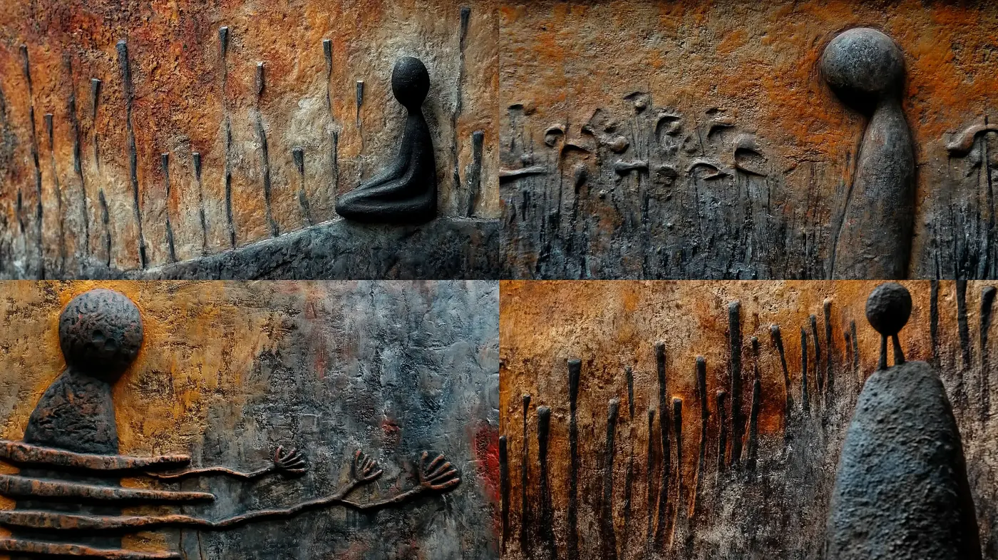 Rustic Textural Symbiosis: A Meditative Fusion of Earthy Tones and Primitive Forms - Midjourney sref style