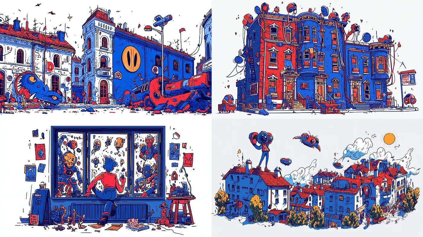Surreal and Imaginative Urban Landscapes in Bold Contrasts - Midjourney sref style
