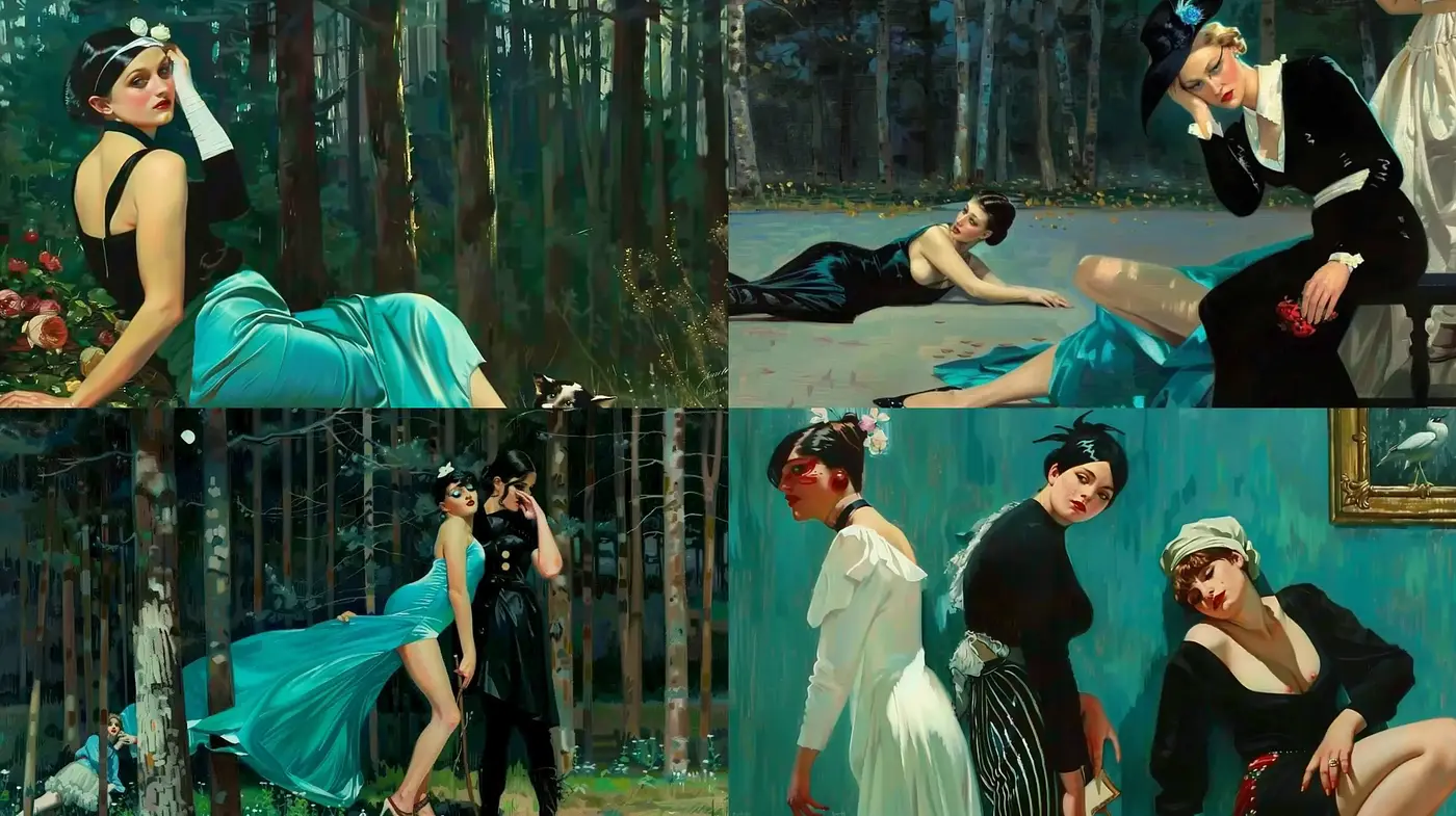 Elegant Nostalgia in Turquoise: A Consistent Vision of Vintage Glamour and Poise - Midjourney sref style