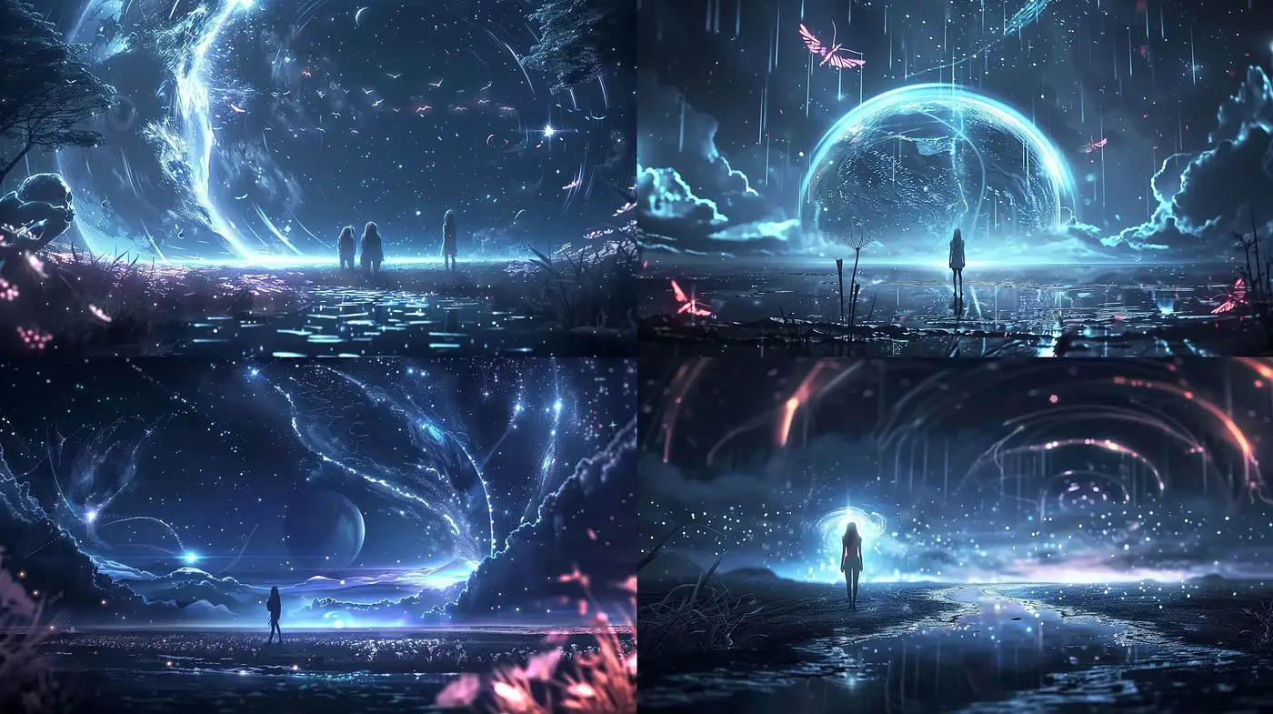 Ethereal Nocturnal Dreamscape: A Fusion of Digital Sci-fi and Cosmic Fantasy Art - Midjourney sref style