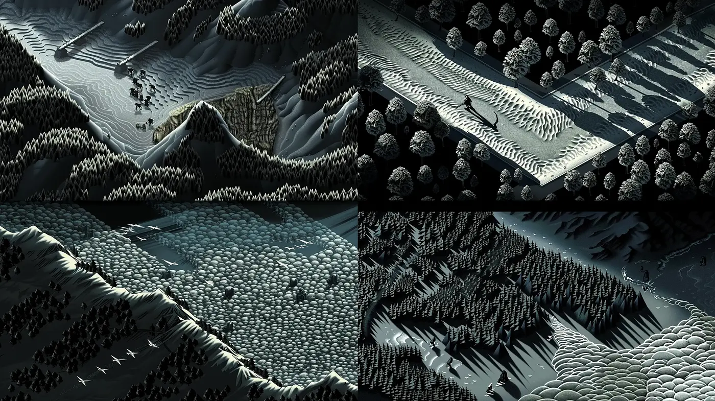 Monochromatic Textured Landscapes: An Homage to Atmospheric Engraving Techniques - Midjourney sref style