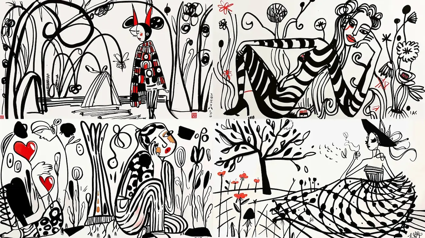 Monochrome Whimsy: Stylized Figures and Fantastical Sceneries - Midjourney sref style