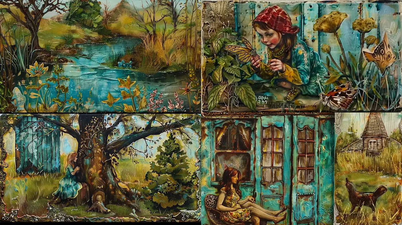 Enchanted Rusticity: A Mosaic of Serene Folkloric Imagery in Earthy Hues - Midjourney sref style