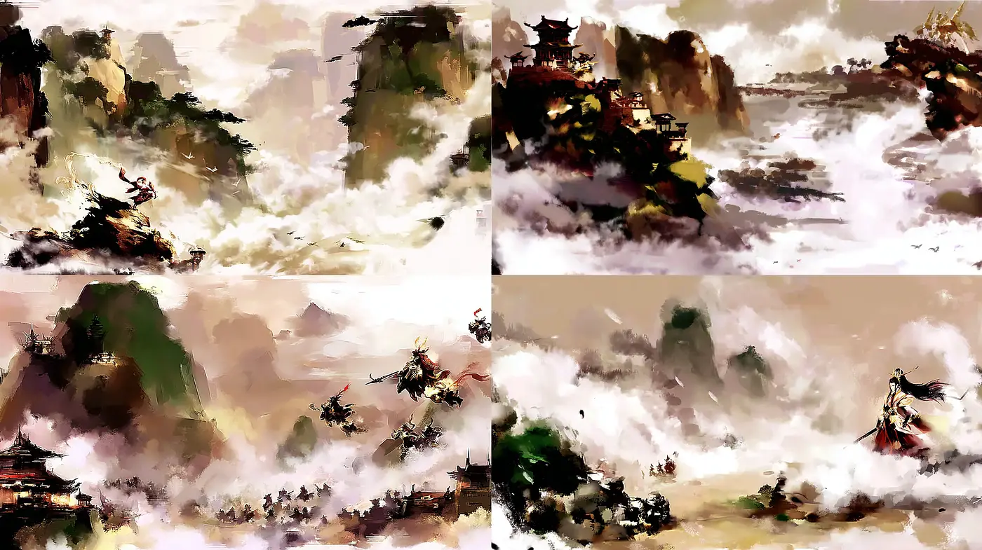 Dynamic and ethereal landscapes capturing mythical realms - Midjourney sref style