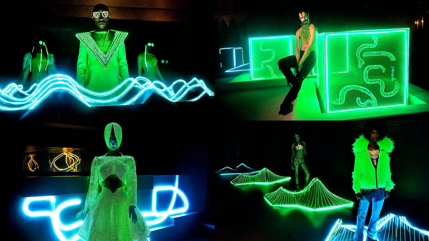 Futuristic Neon Aesthetics with a Touch of Surrealism and Performance Art - Midjourney sref style
