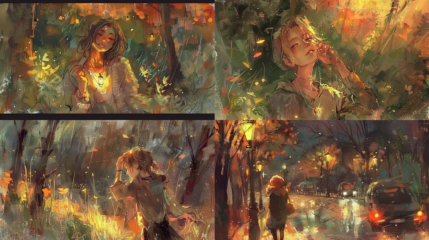 Ethereal Autumn Hues Amidst Vivid Brushstrokes - Midjourney sref style