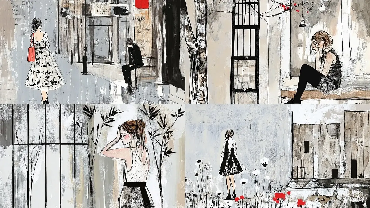 Solitary Figures Amidst Abstract Melancholia - Midjourney sref style