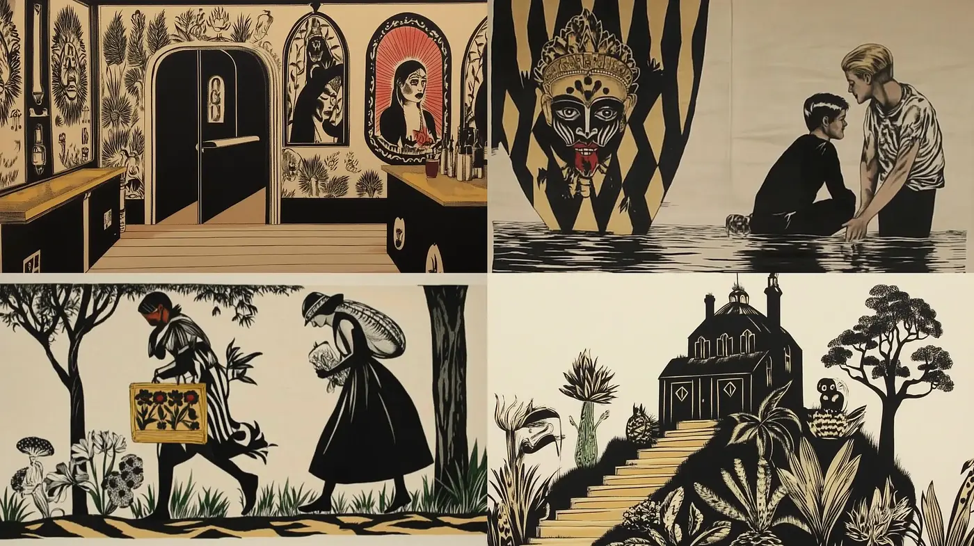 Monochrome Folkloric Illustrations with Silhouetted Figures and Mythical Charm - Midjourney sref style