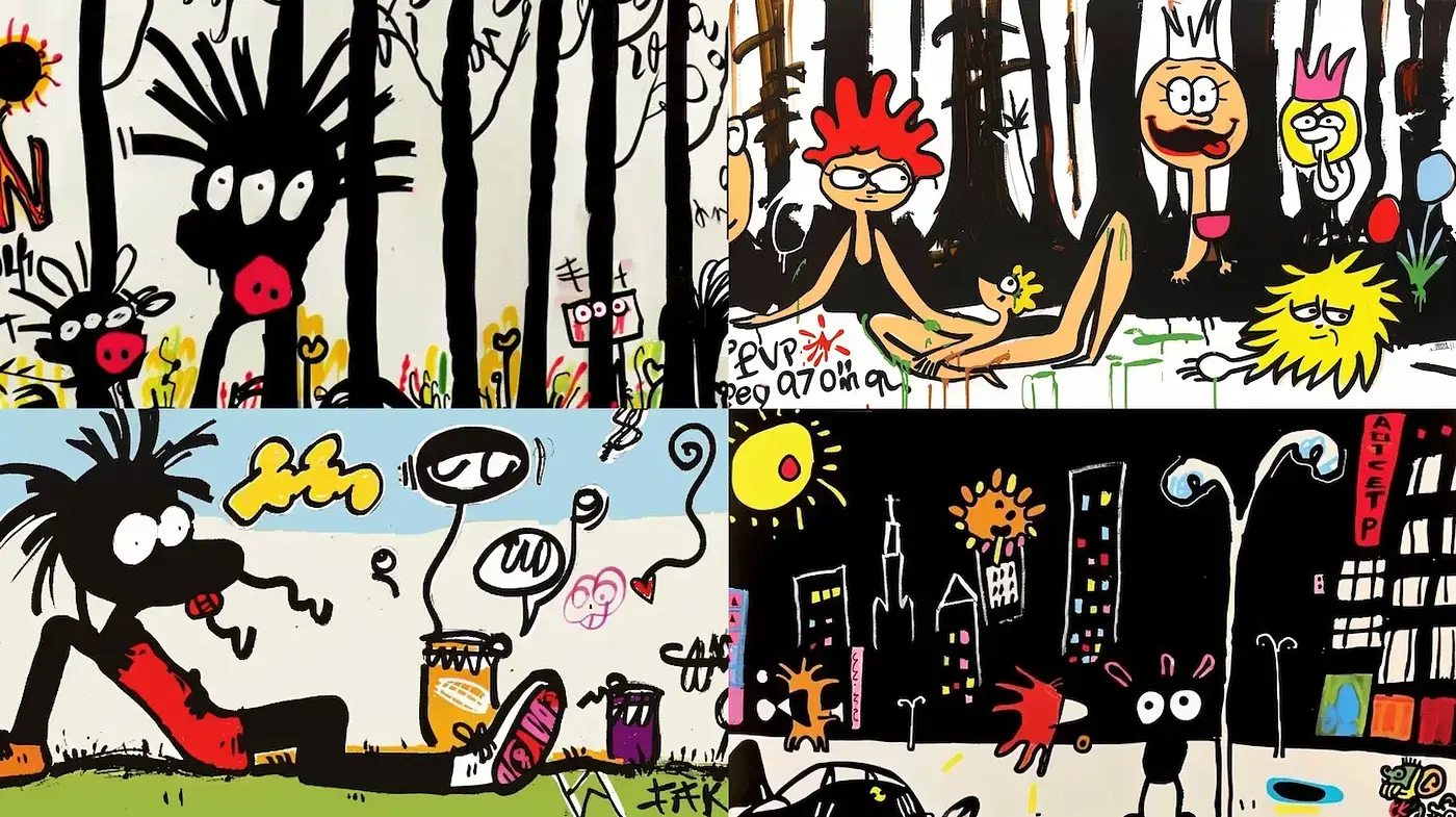 Eclectic Contrasts of Whimsy and Urban Narratives - Midjourney sref style