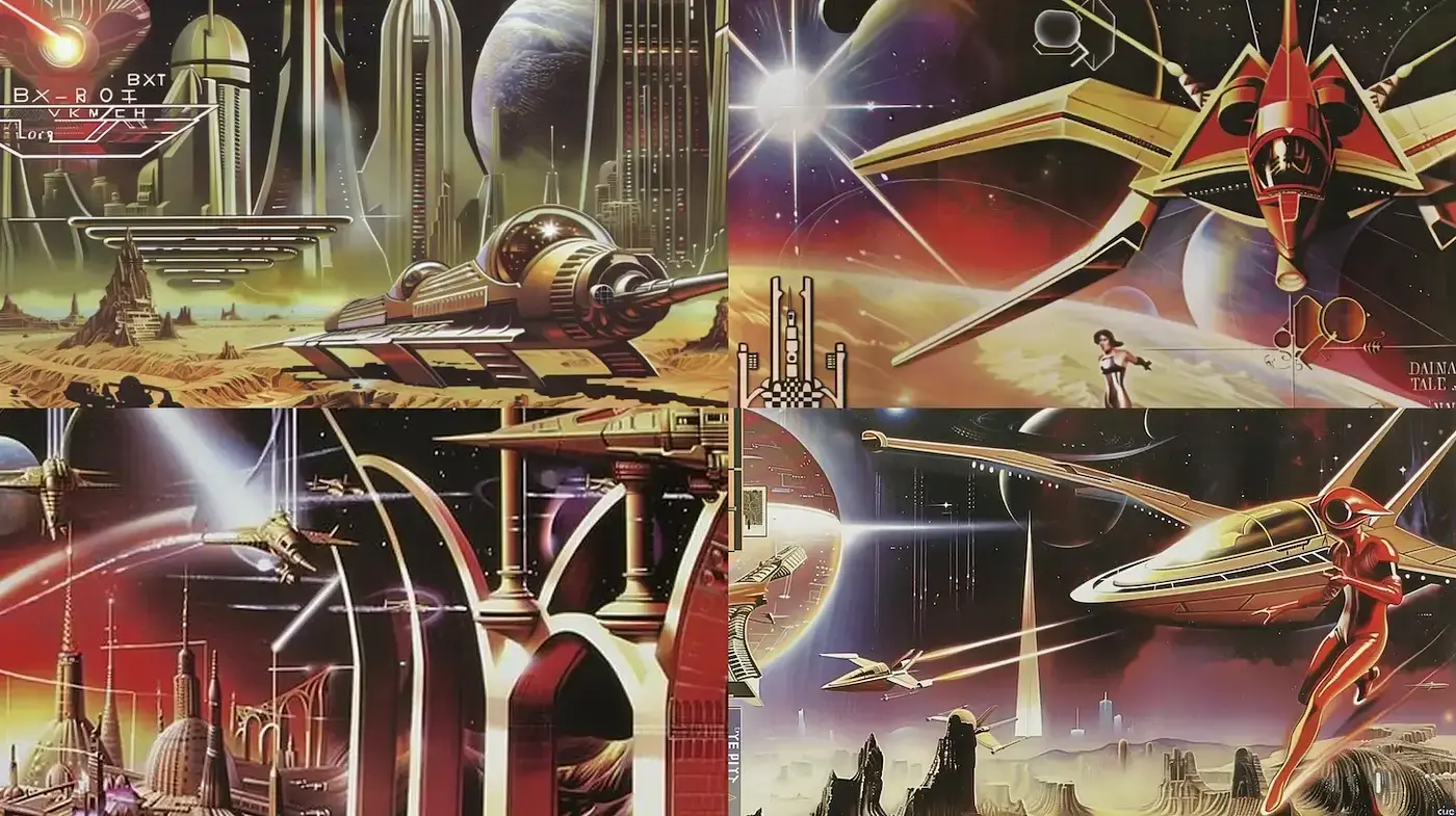 Futuristic Sci-Fi Illustrations with Retro Aesthetic and Vibrant Color Palette - Midjourney sref style