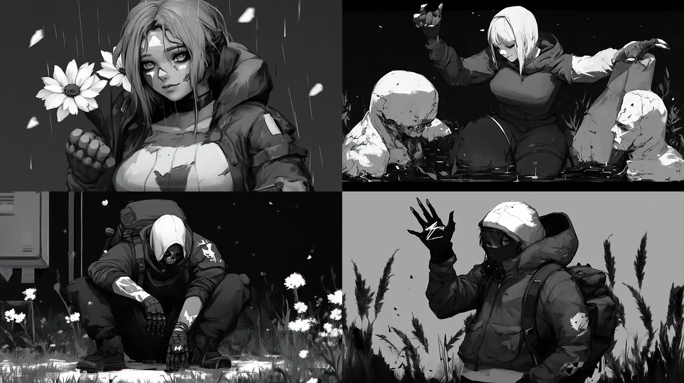 Monochromatic Rain-swept Solace in Anime Influence - Midjourney sref style