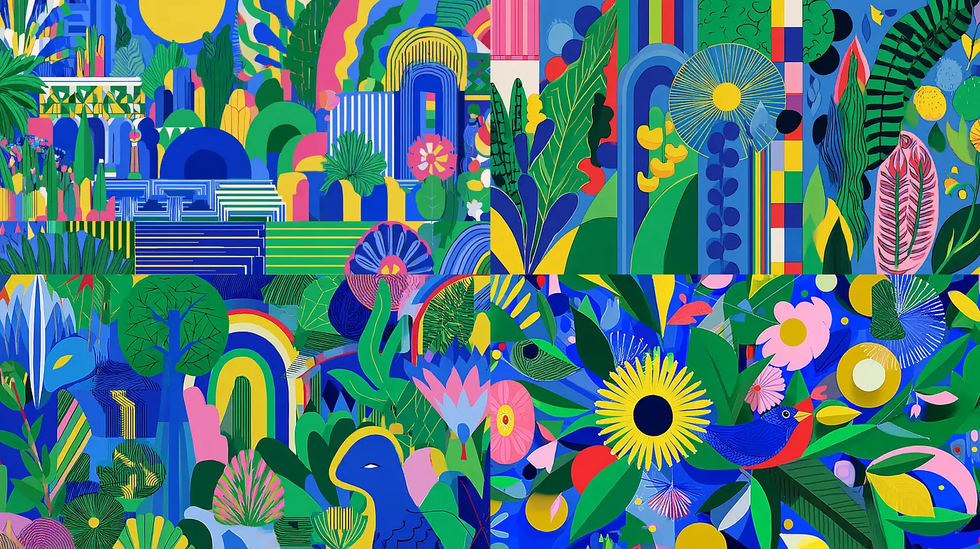 Vibrant, Geometric Botanical Extravaganza with Playful Elements - Midjourney sref style
