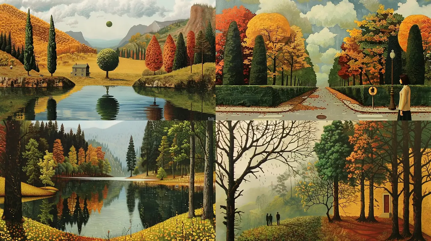 Autumnal Serenity in Stylized Landscapes: A Study of Consistent Natural Hues and Tranquil Scenery - Midjourney sref style