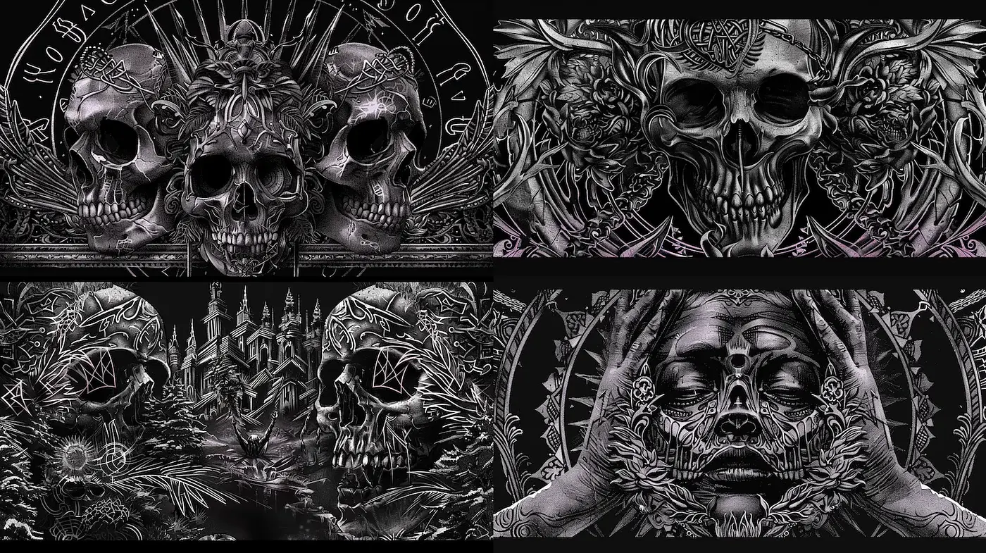 Dark and Intricate Illustrative Skulls with Gothic Elements - Midjourney sref style