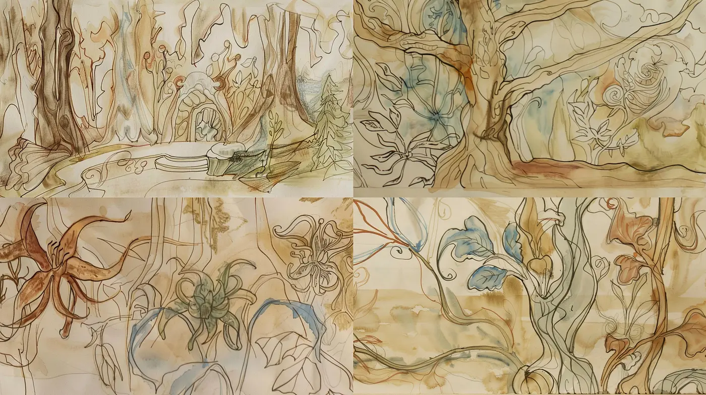 Ethereal Arboreal Dreamscape: A Consistent Journey Through Stylized Forests and Whimsical Vegetation - Midjourney sref style