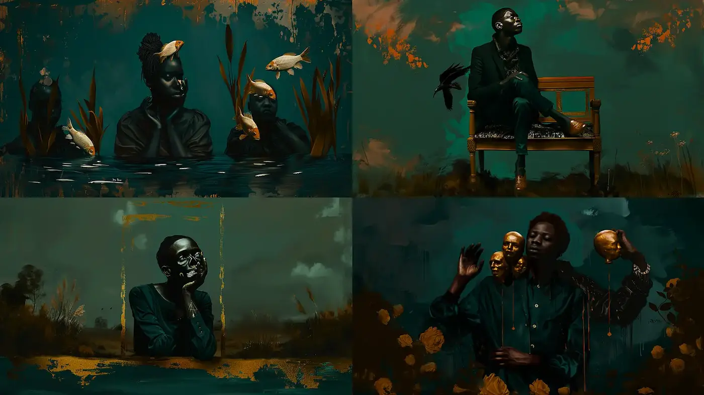 Surreal and moody compositions reflecting a fusion of nature and human emotion - Midjourney sref style