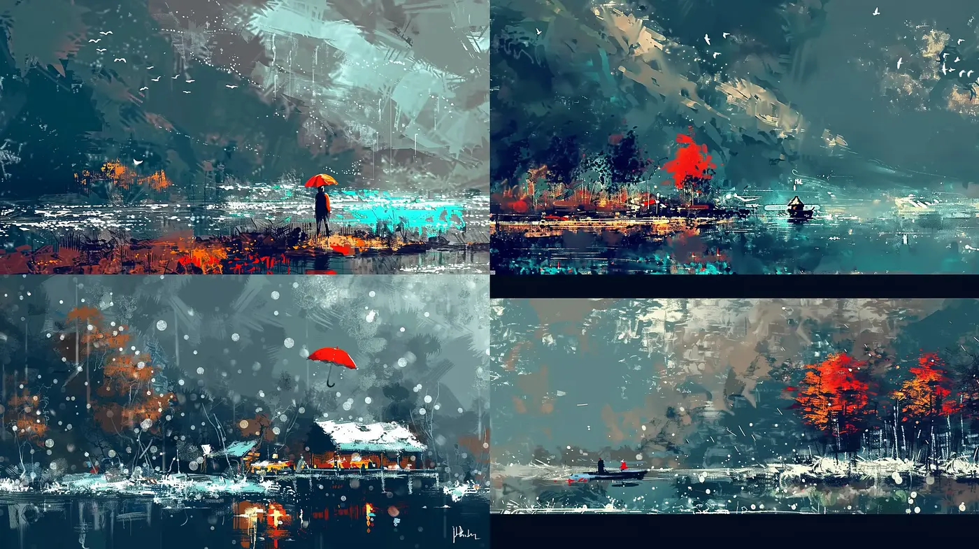 Abstract Textural Symphonies in Cool Hues with a Pop of Red - Midjourney sref style