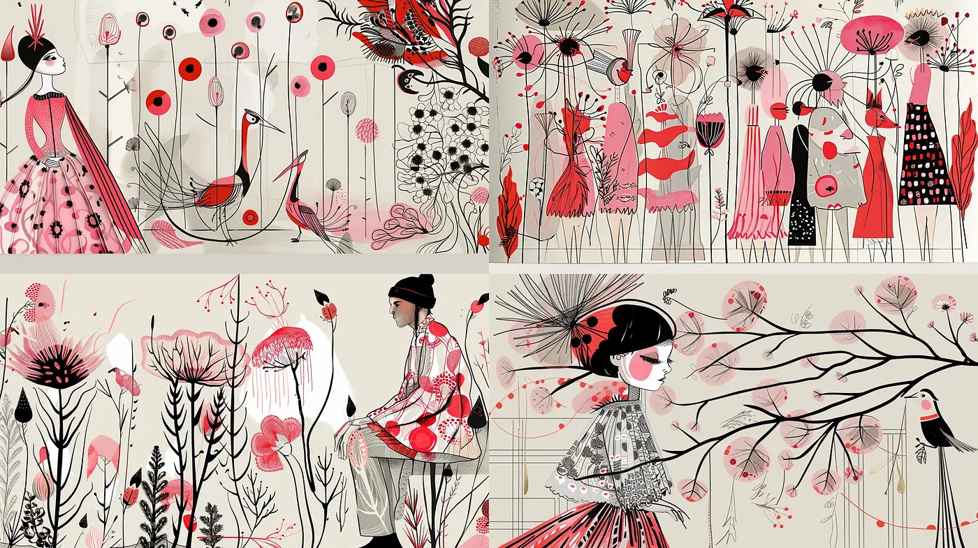 Ethereal Whimsy in Rouge and Charcoal: A Homage to Stylized Botanical Dreamscapes - Midjourney sref style