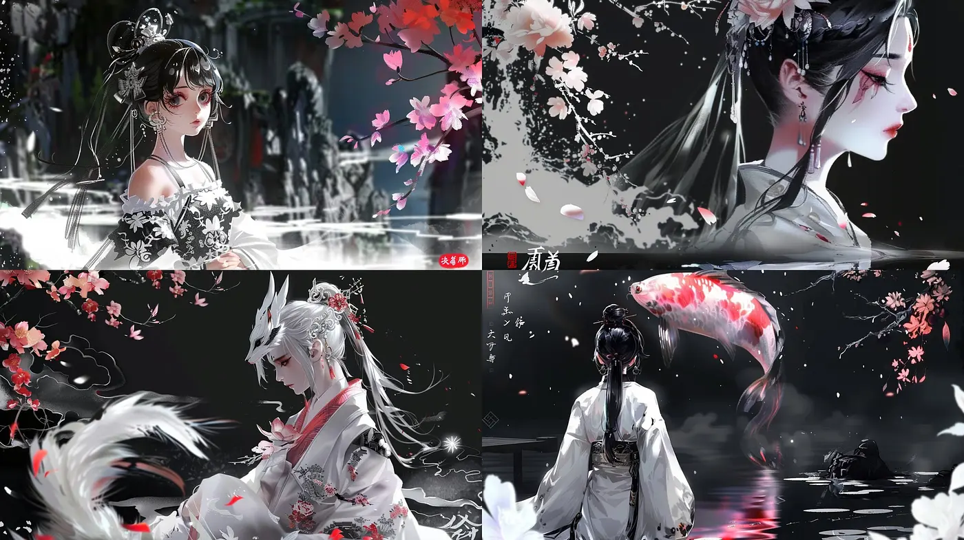 Ethereal Monochromatic Elegance with a Splash of Crimson Enchantment - Midjourney sref style
