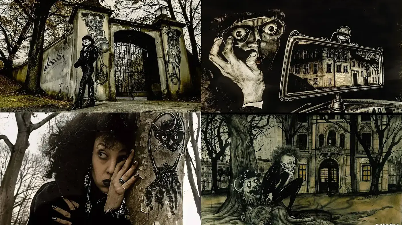 Gothic Noir Aesthetic with Eerie Elements and Surreal Influences - Midjourney sref style