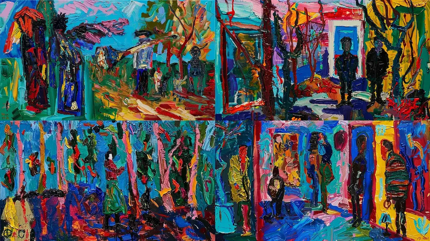 Vibrant Expressionist Scenes Capturing Human Emotion and Urban Life - Midjourney sref style