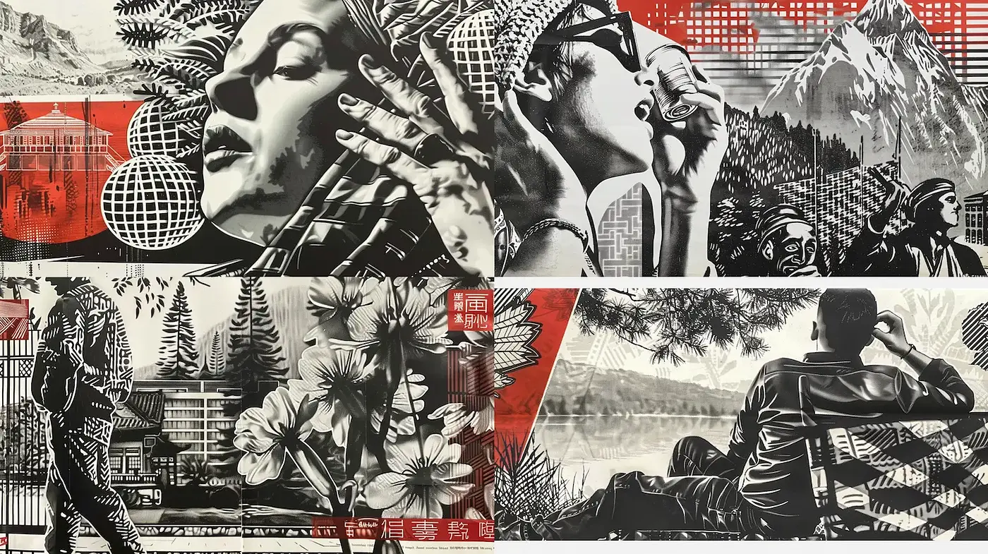 Dynamic Interplay of Retro and Modern Aesthetics in Graphic Art - Midjourney sref style