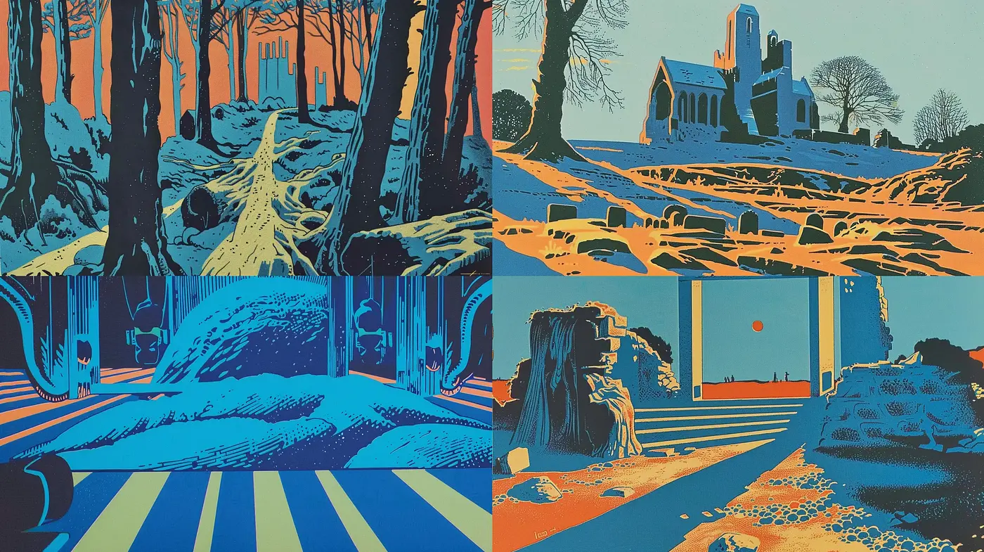 Surreal Landscape Silhouettes with Contrasted Chromatic Harmony - Midjourney sref style