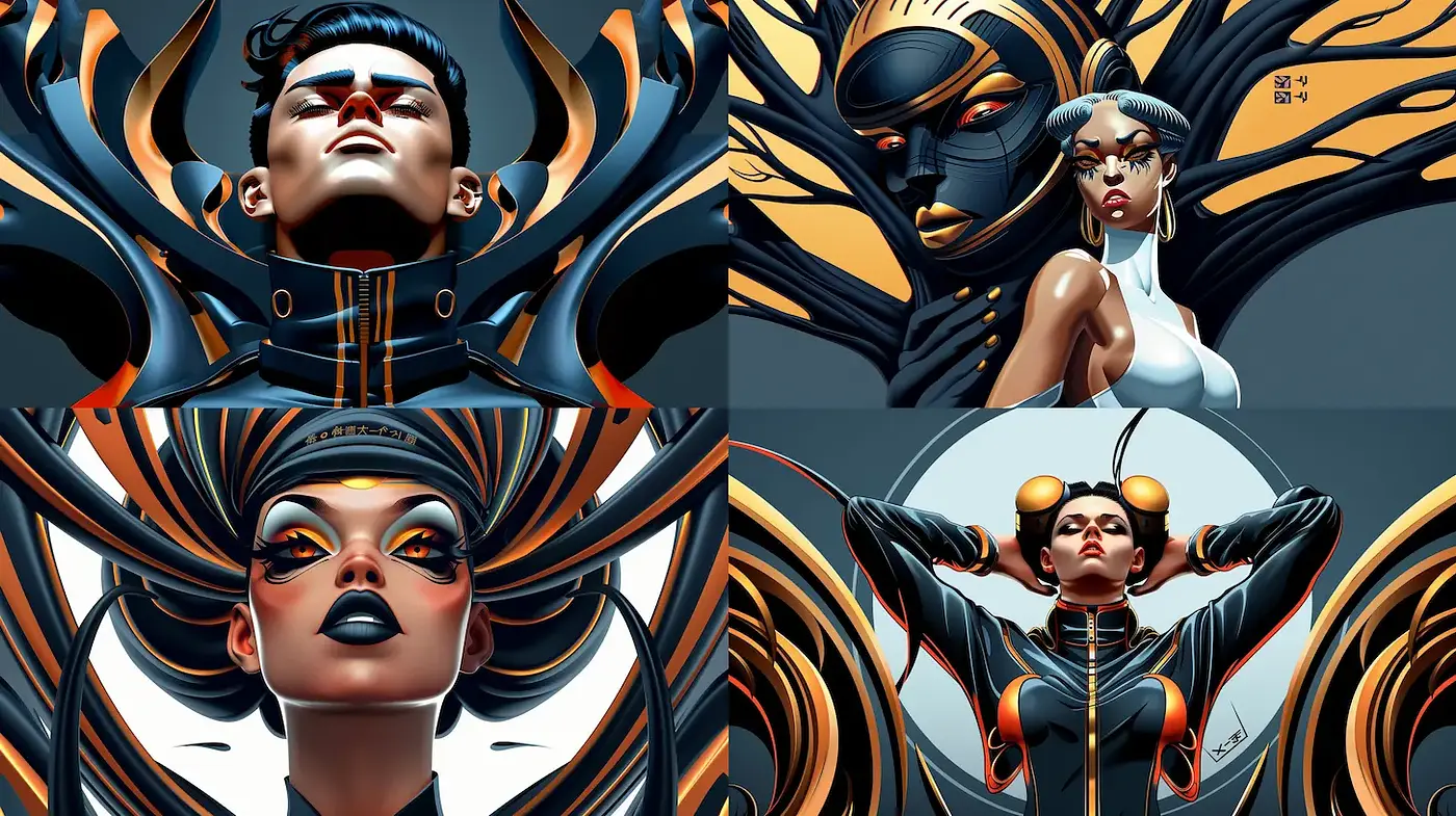 Futuristic and dynamic character art with bold design elements - Midjourney sref style
