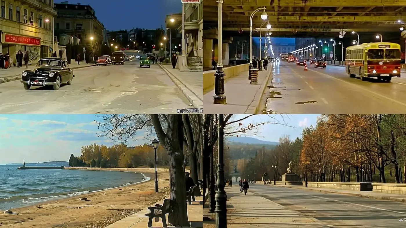 Cinematic Urban Landscapes with Vintage Charm and Nostalgic Vibes - Midjourney sref style