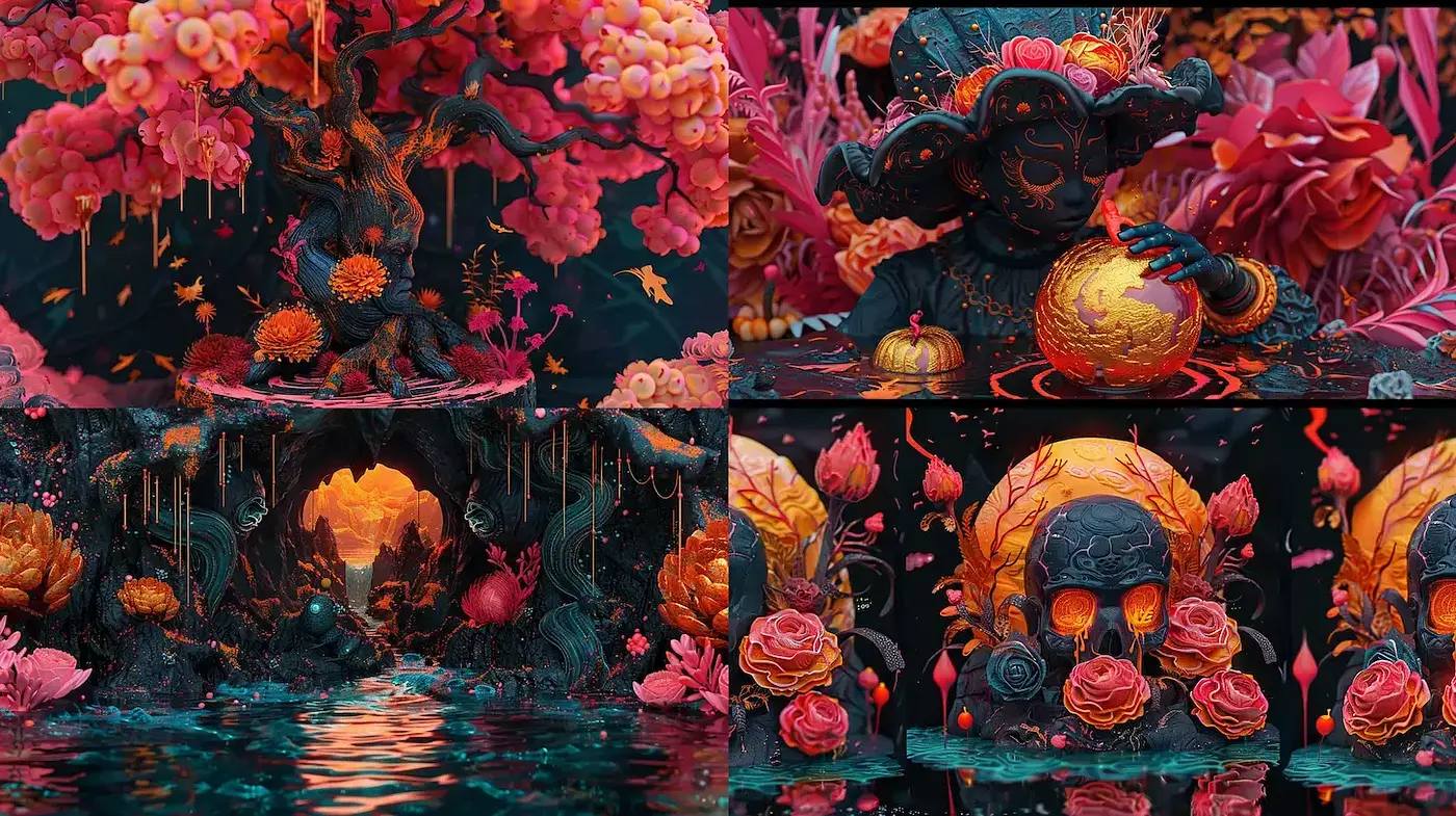Vibrant Surrealism with Floral and Dark Elements - Midjourney sref style