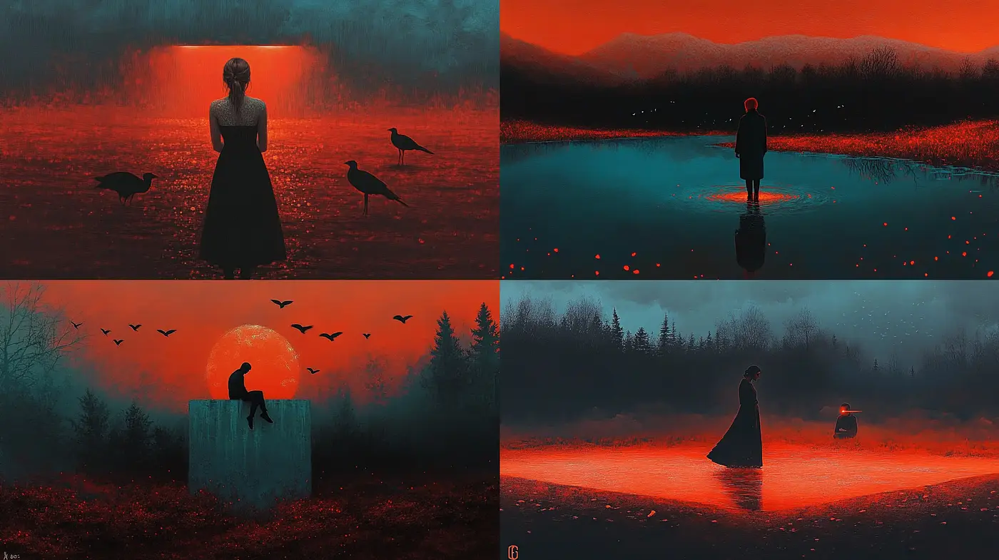 Crimson Twilight: A Consistent Vision of Surreal Tranquility - Midjourney sref style