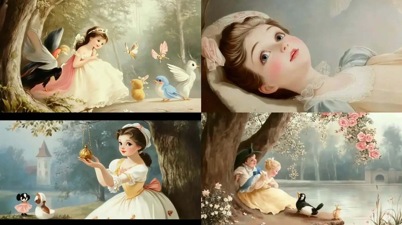 Enchanted Rococo Revival with a Pastel Storybook Essence - Midjourney sref style