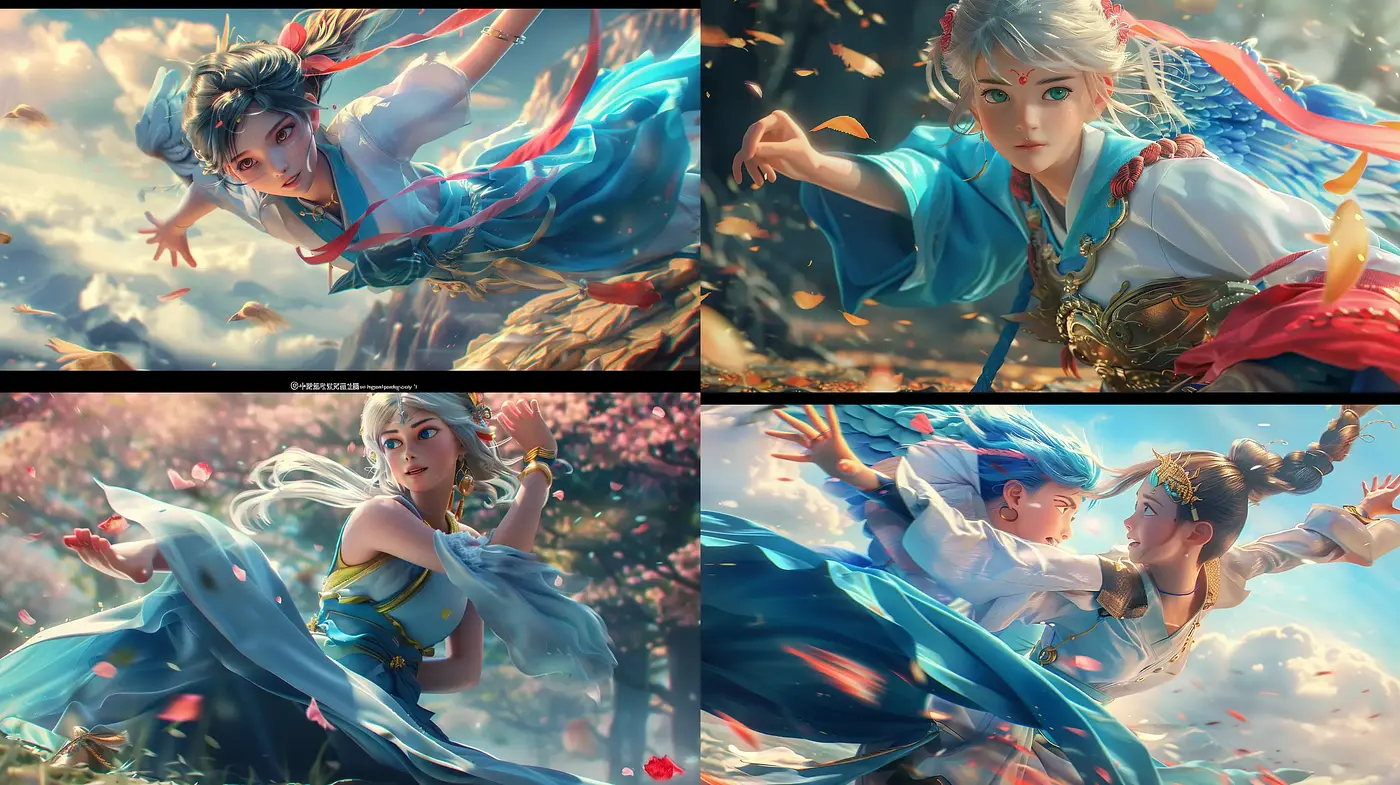Ethereal Anime-Inspired Fantasy with Dynamic Movement and Vibrant Colors - Midjourney sref style