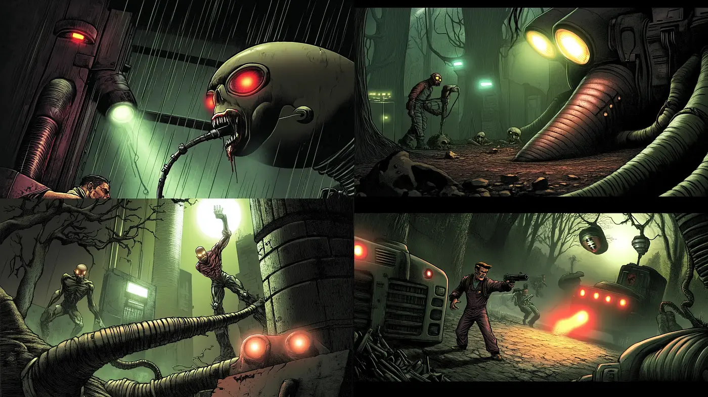 Dystopian Sci-Fi Illustrations with Muted Neon Glow - Midjourney sref style