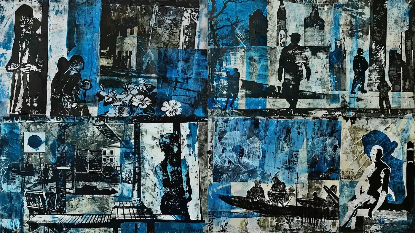 Abstract Expressionist Montage in Chiaroscuro Blues - Midjourney sref style