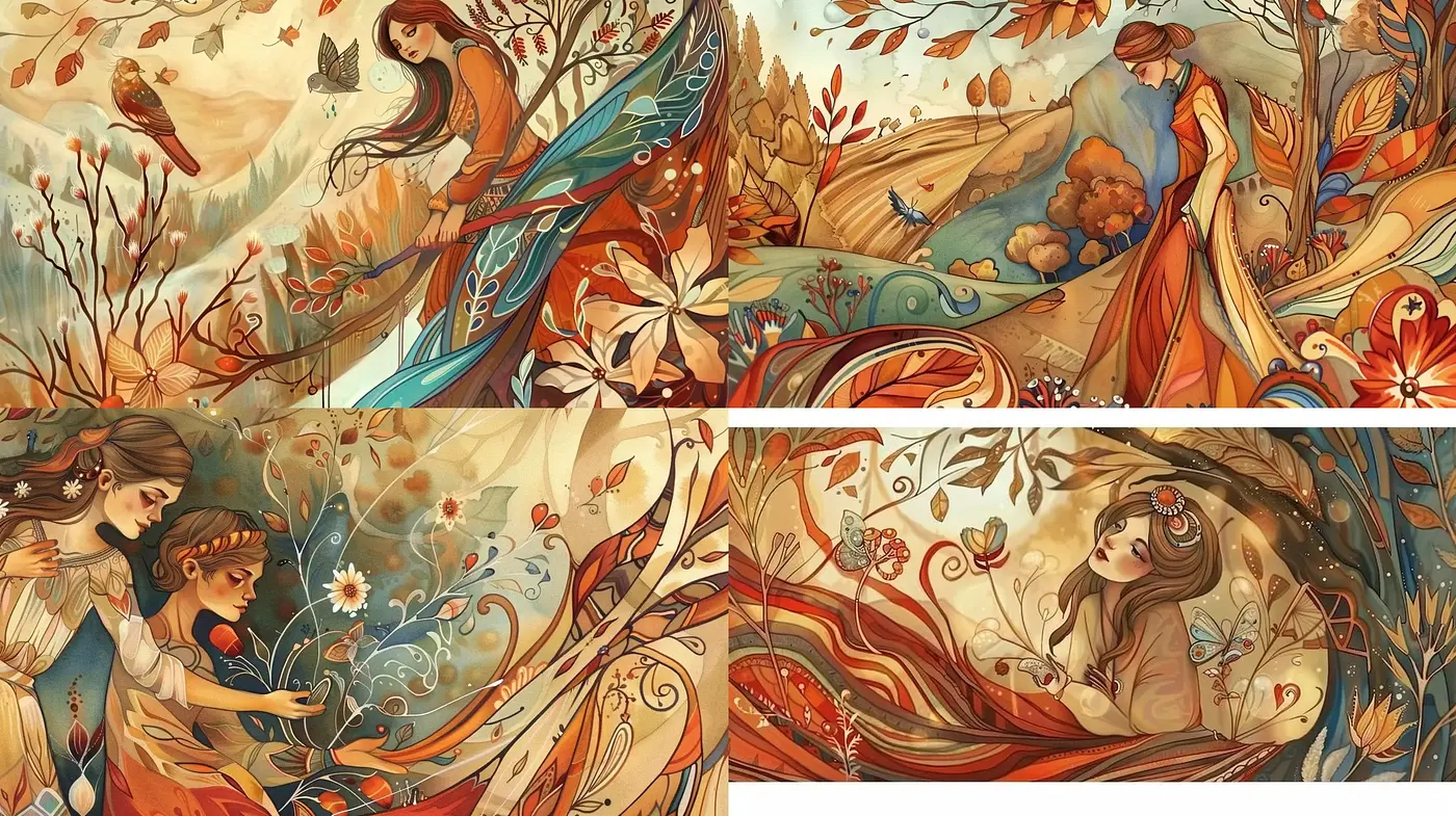 Autumnal Elegance in Art Nouveau Whimsy - Midjourney sref style