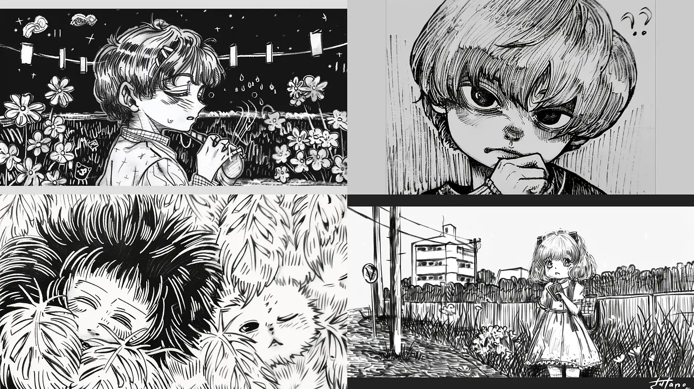 Monochromatic Manga-Inspired Ink Drawings with a Youthful and Contemplative Essence - Midjourney sref style