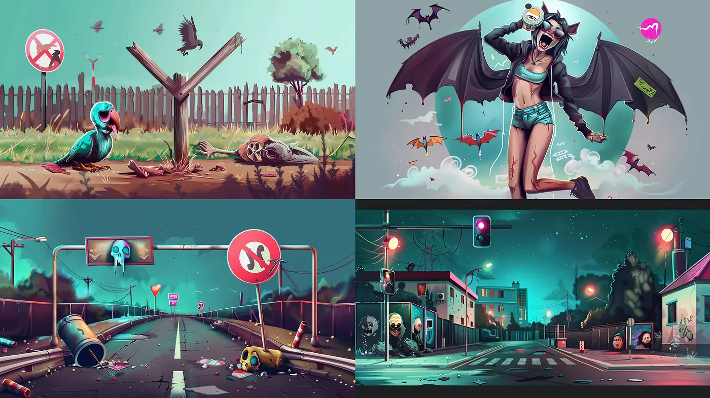 Post-Apocalyptic Surrealism with Vibrant Comic-Inspired Overtones - Midjourney sref style